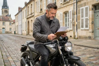 Motard consultant son contrat d'assurance moto dans une rue pavée de Caen avec des façades en pierre normande