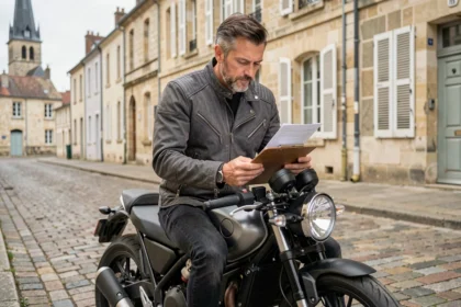 Motard consultant son contrat d'assurance moto dans une rue pavée de Caen avec des façades en pierre normande