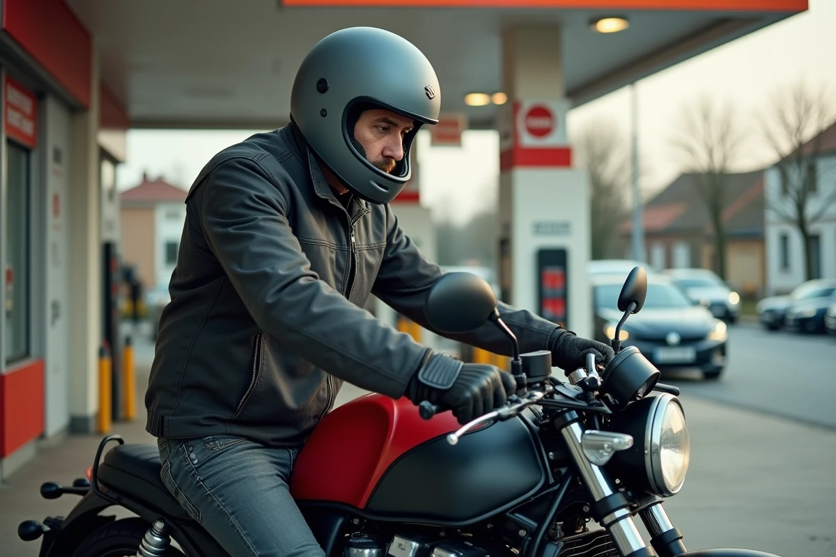 Motard en veste textile sur une Suzuki 750 GT dans une station-service en ville, expression concentrée