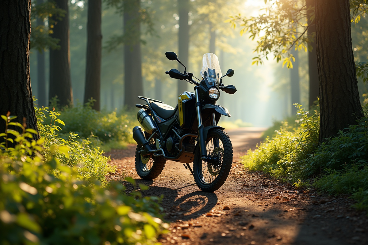 Moto d aventure moderne dans la forêt au matin