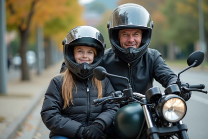 Homme et jeune fille en équipement moto près d'une moto avec sidecar