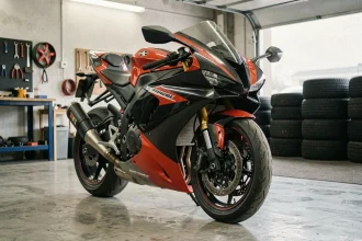 Moto hypersport moderne garée dans un garage urbain, vue trois quarts avant mettant en valeur le carénage aérodynamique et la livrée racing rouge et noire