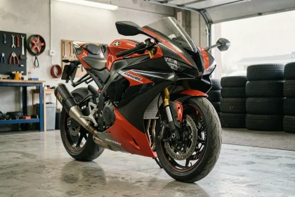 Moto hypersport moderne garée dans un garage urbain, vue trois quarts avant mettant en valeur le carénage aérodynamique et la livrée racing rouge et noire