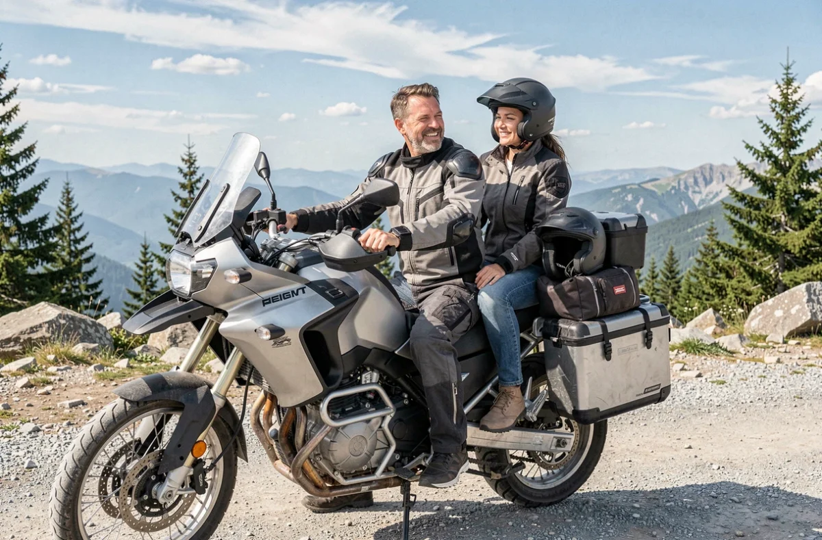 Motard et sa passagère au repos en montagne, illustrant le confort des équipements passager sur une moto touring