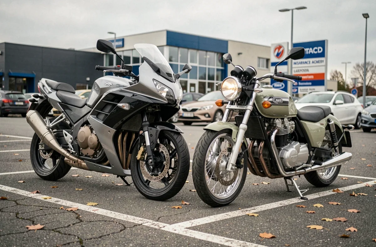 Deux motos garées devant une agence d'assurance dans un quartier commercial de Caen en automne