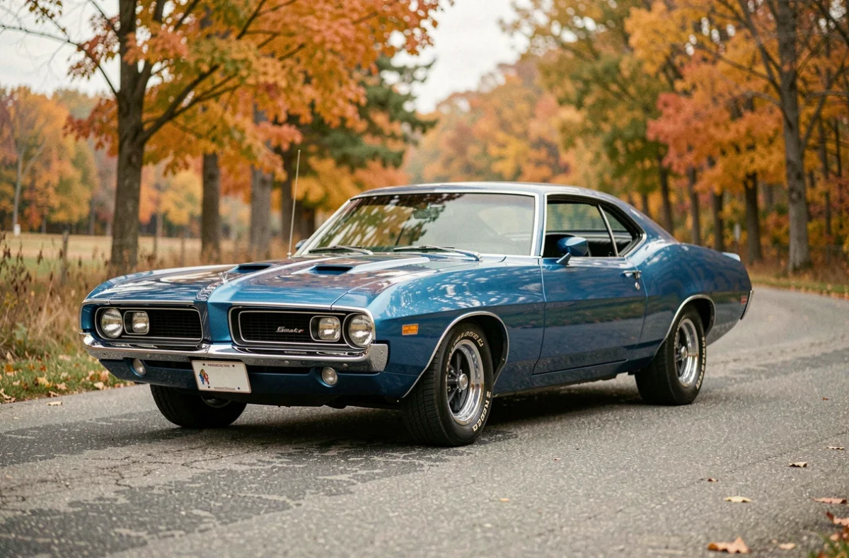 Muscle car américain des années 70 garé sur une route de campagne en automne, symbole de collection automobile