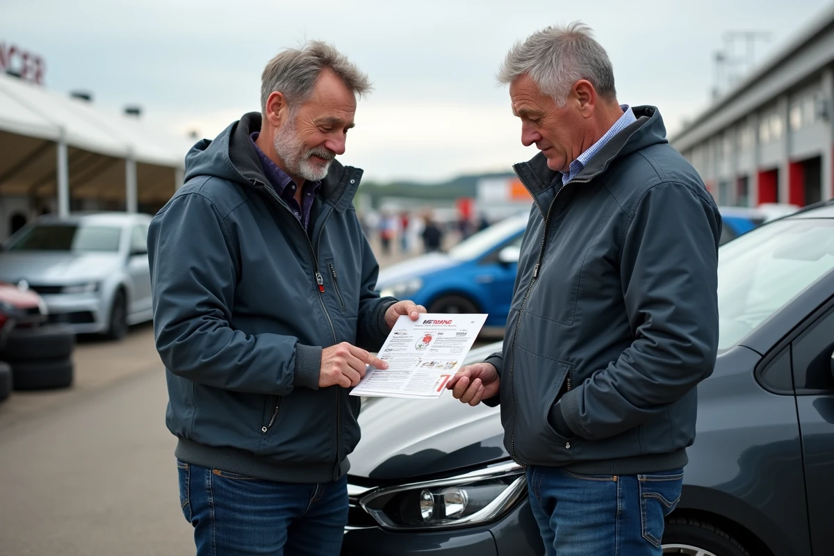 Deux participants discutant des offres promotionnelles lors d'un stage de pilotage sur circuit en paddock