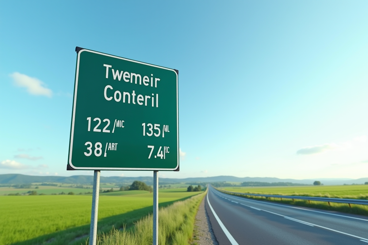 Panneau de route indiquant distances en miles et kilomètres dans la campagne