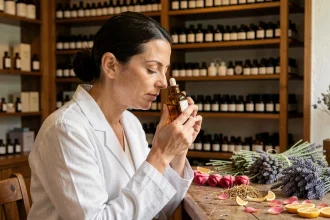 Parfumeuse française dans un atelier artisanal à Grasse tenant un flacon de parfum personnalisé made in France