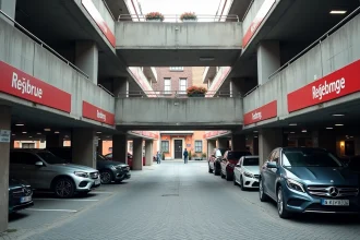 Parking Rapp à Colmar avec façades alsaciennes visibles en arrière-plan, vue architecturale grand angle