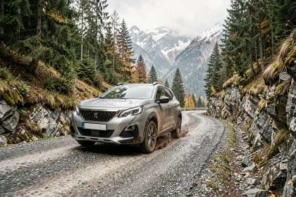 Peugeot 2008 sur une route de montagne sinueuse dans les Alpes françaises en automne