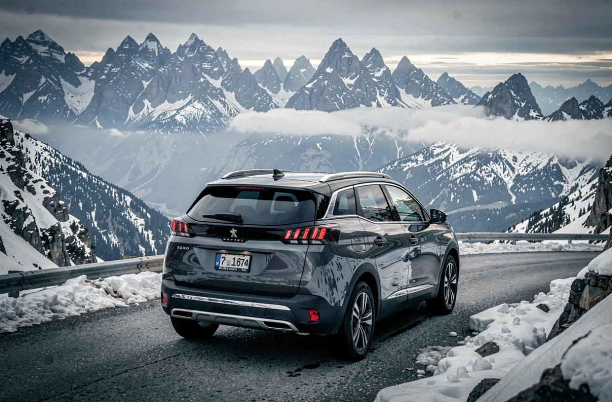 Peugeot 3008 arrêté à un col de montagne enneigé avec panorama alpin