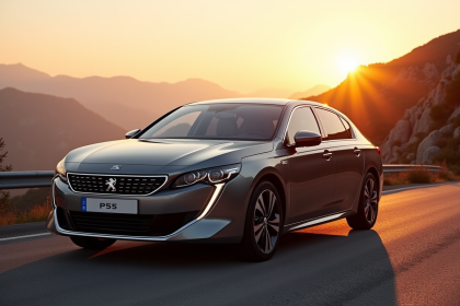 Peugeot 508 PSE au lever du soleil en montagne