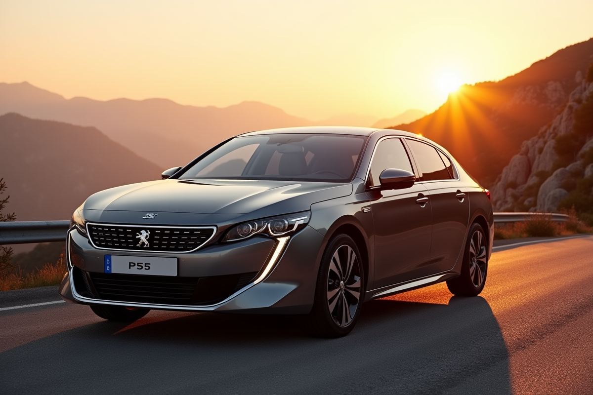 Peugeot 508 PSE au lever du soleil en montagne