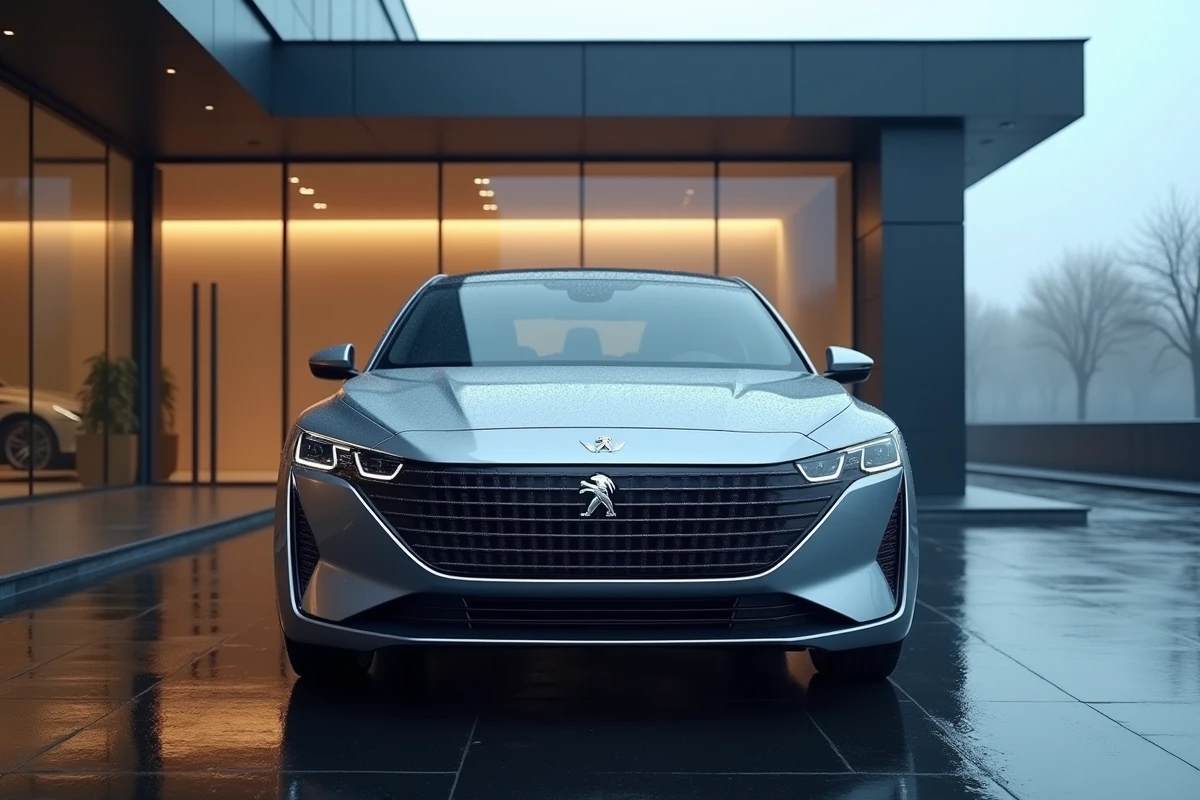 Berline électrique Peugeot devant un showroom moderne, vue trois-quarts avant mettant en valeur le nouveau logo et l'identité visuelle premium de la marque