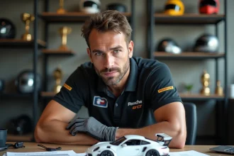 Pilote de Cup Porsche GT3 étudiant un budget de financement et des dossiers de sponsoring sur son bureau dans un bureau de team de course automobile