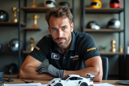 Pilote de Cup Porsche GT3 étudiant un budget de financement et des dossiers de sponsoring sur son bureau dans un bureau de team de course automobile