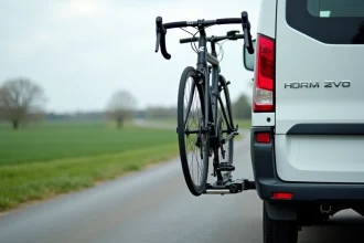 Porte-vélos arrière fixé sur un camping-car blanc avec deux vélos chargés, vue arrière en légère contre-plongée pour illustrer le gabarit et la hauteur du véhicule