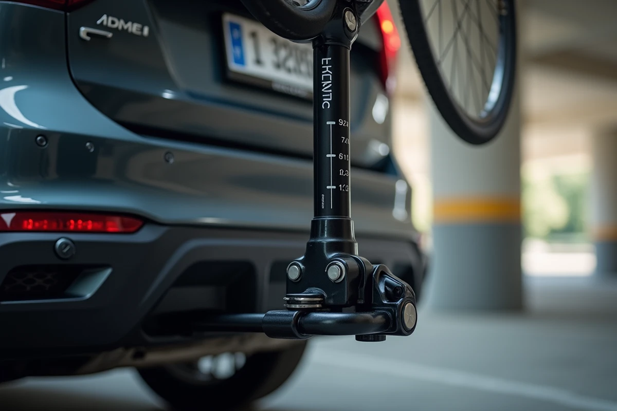 Gros plan sur le couplage d'un porte-vélos attelage sur un SUV gris, avec une barre de hauteur de parking visible en arrière-plan flou pour illustrer le risque de dépassement de gabarit