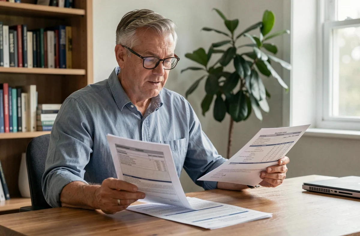 Propriétaire de voiture de collection consultant son contrat d'assurance et un document d'estimation de valeur