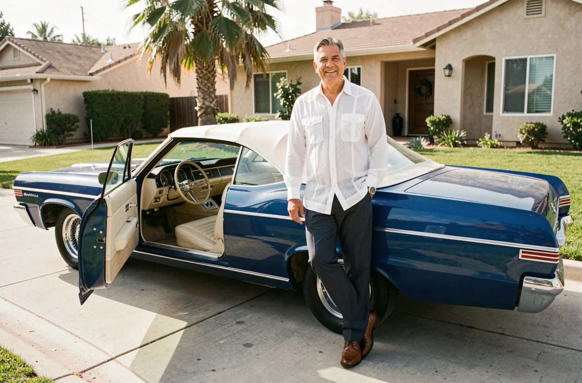 Propriétaire fier d'un Chevrolet Impala lowrider bleu royal 1963 appuyé contre sa voiture dans une allée californienne ensoleillée