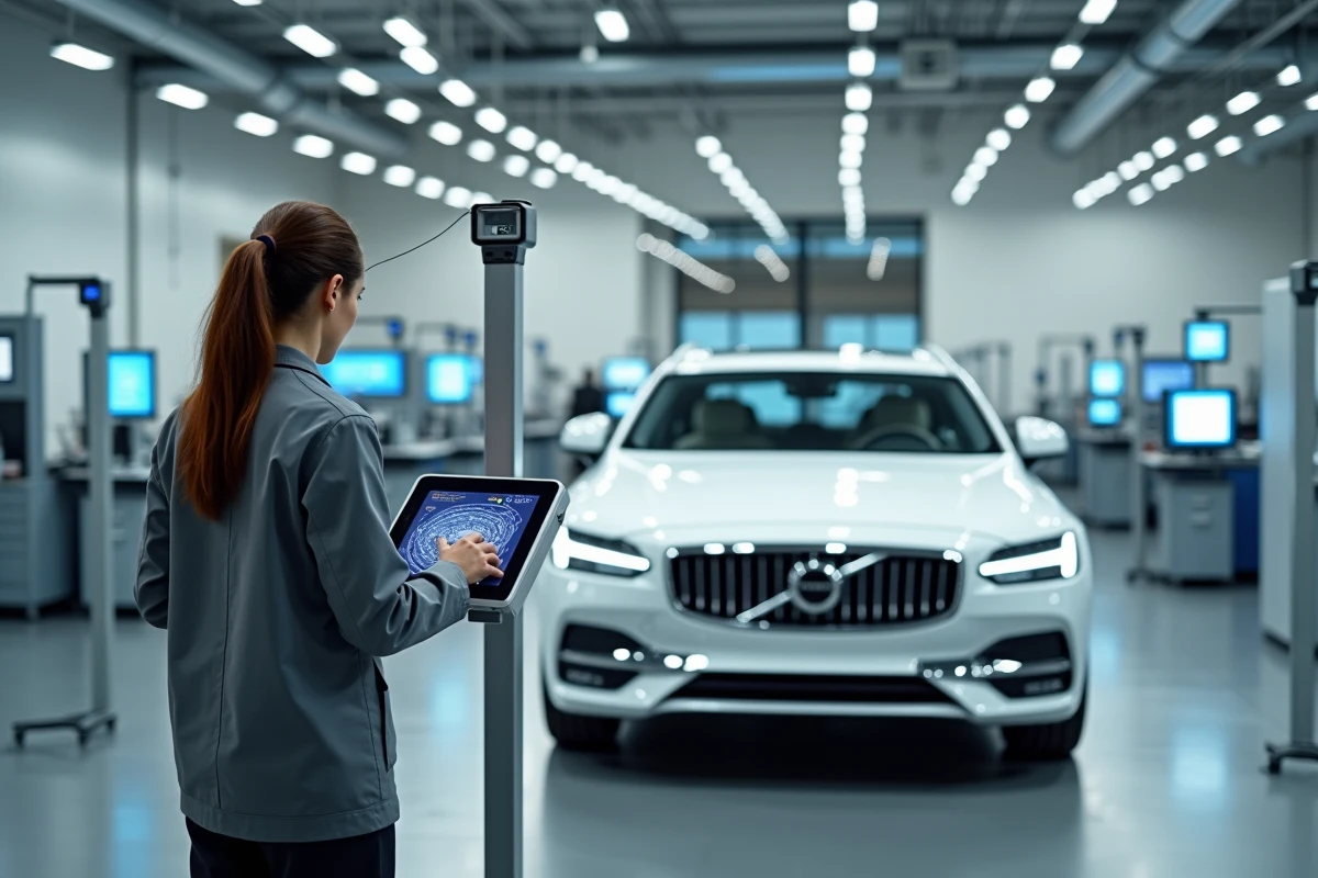 Technicienne spécialisée effectuant la recalibration d'un système ADAS après remplacement de pare-brise dans un centre de diagnostic automobile moderne
