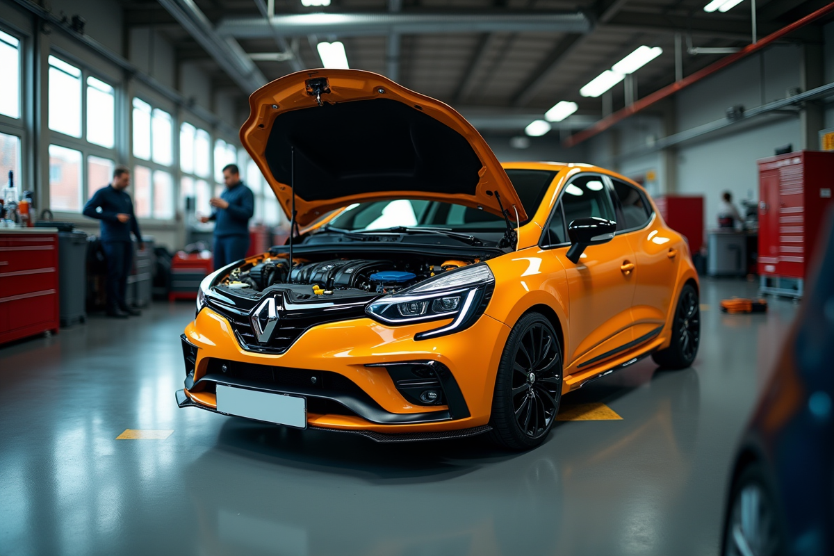 Renault Clio 2 RS dans un garage éclairé avec un mécanicien