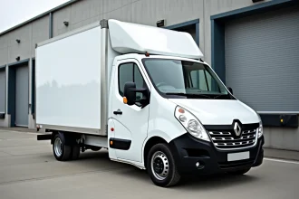 Renault Master fourgon 11m³ garé devant un entrepôt industriel, vue trois quarts avant sur sol béton