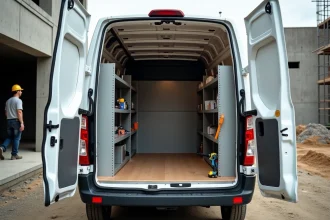 Intérieur d'un Renault Master aménagé avec étagères métalliques et rangements d'outils sur un chantier BTP