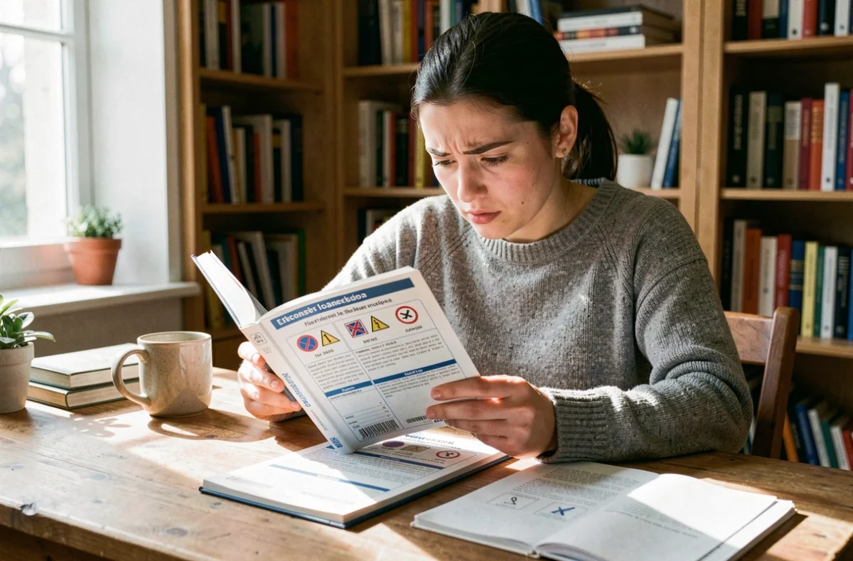 Jeune femme révisant le code de la route avec le manuel officiel pour préparer l'examen du permis