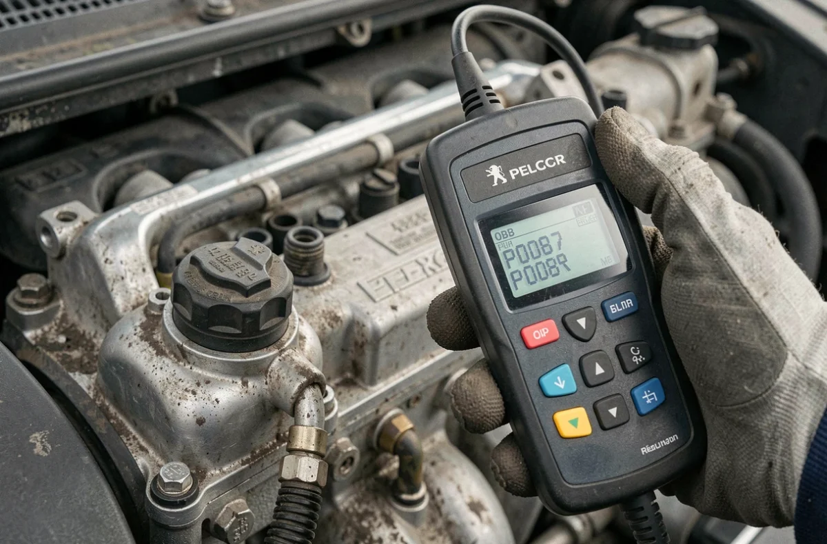Scanner OBD2 affichant le code P0087 sur un moteur Peugeot avec capteur de pression carburant visible