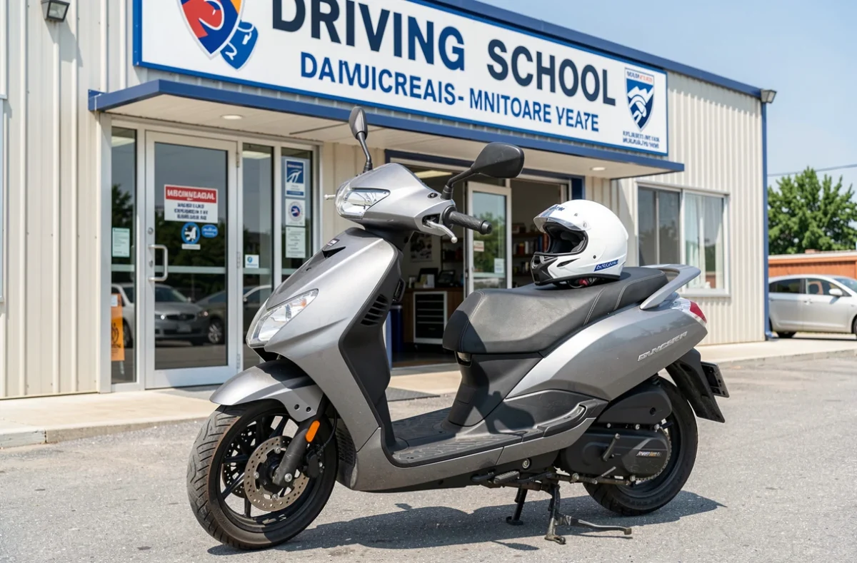 Scooter garé devant une auto-école pour la formation permis