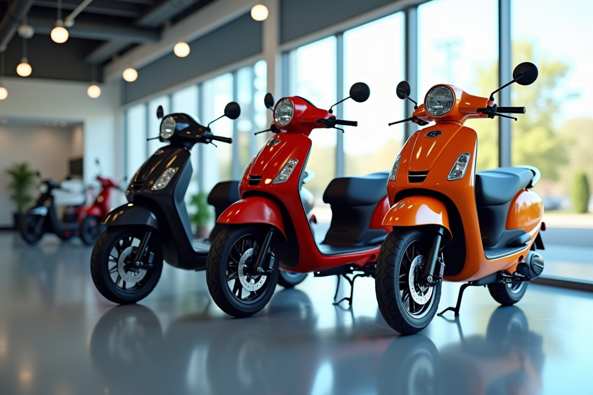 Trois scooters 2025 dans un showroom lumineux et professionnel