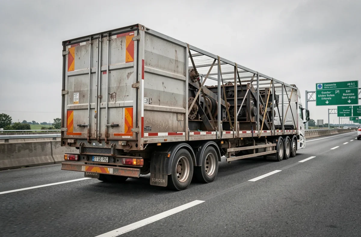 Vue de trois quarts arrière d'un semi-remorque 44 tonnes chargé en circulation sur autoroute française