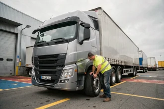 Chauffeur de poids lourd inspectant un semi-remorque 44 tonnes dans un terminal de fret industriel