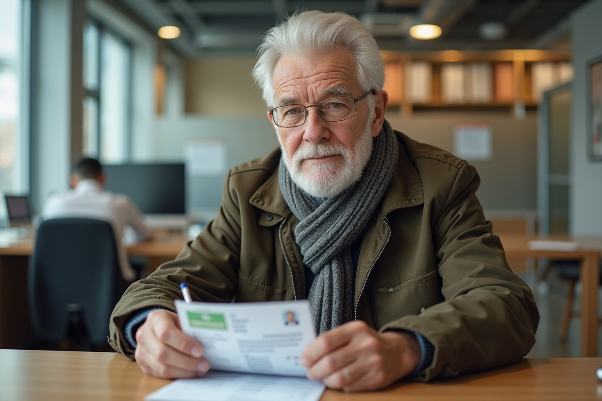Homme senior tenant son permis de conduire lors du renouvellement