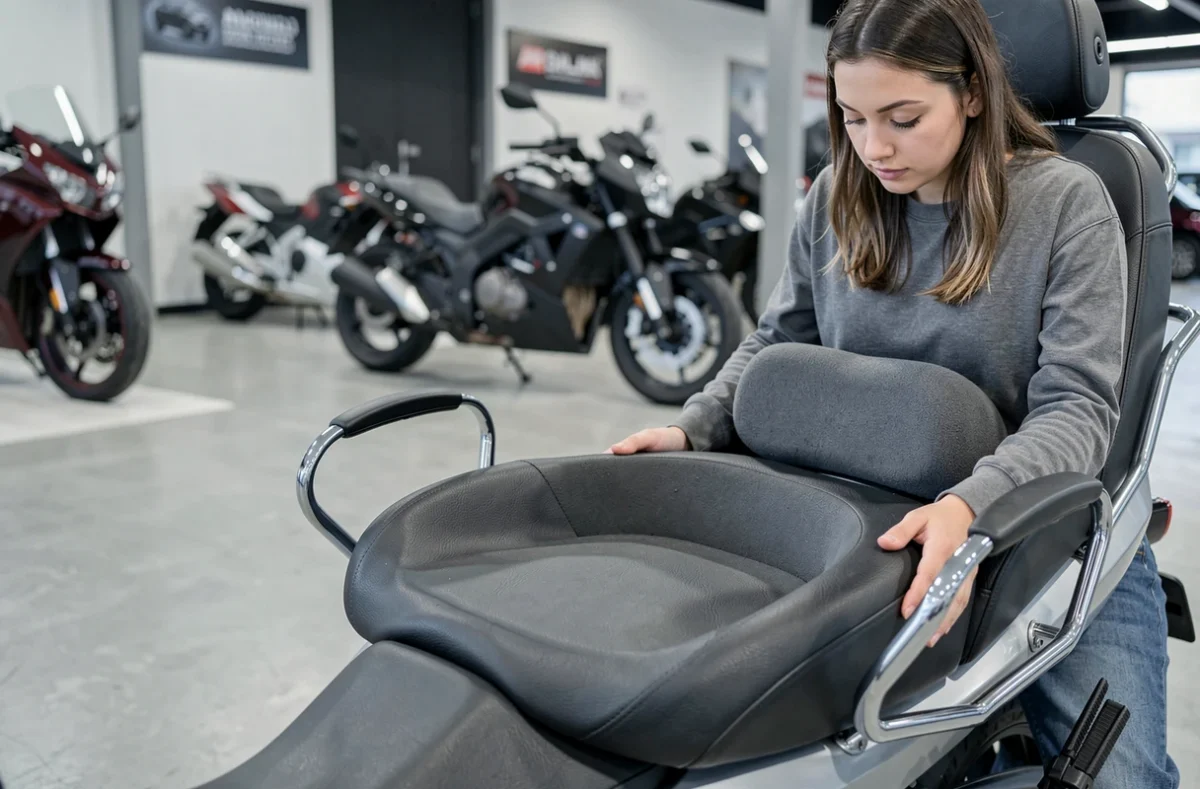 Femme testant le siège passager ergonomique d'une moto dans un concessionnaire, focus sur le confort et les équipements dédiés