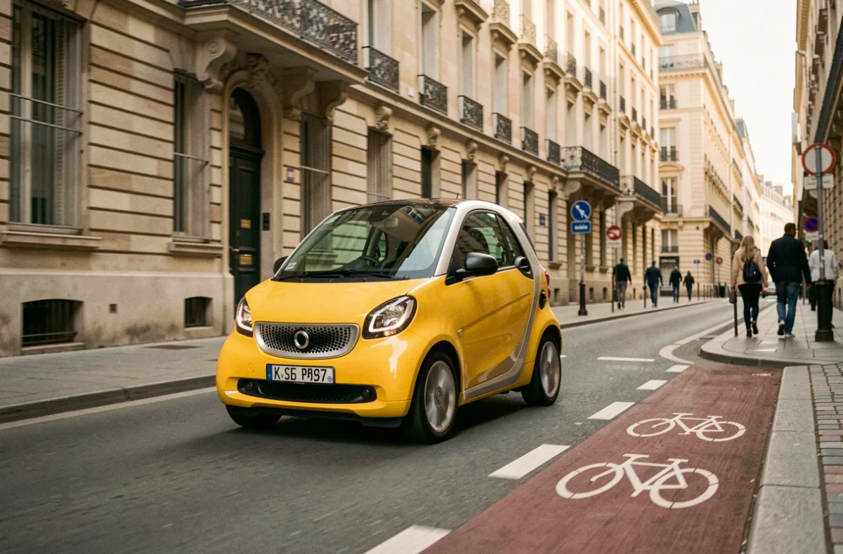 Smart Fortwo jaune en circulation dans une rue étroite de centre-ville, illustrant son usage comme voiture citadine accessible
