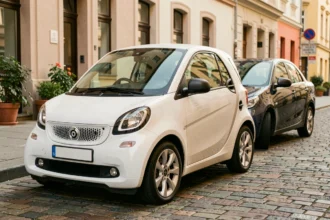Une Smart Fortwo blanche garée en ville à côté d'une voiture classique pour illustrer sa petite taille