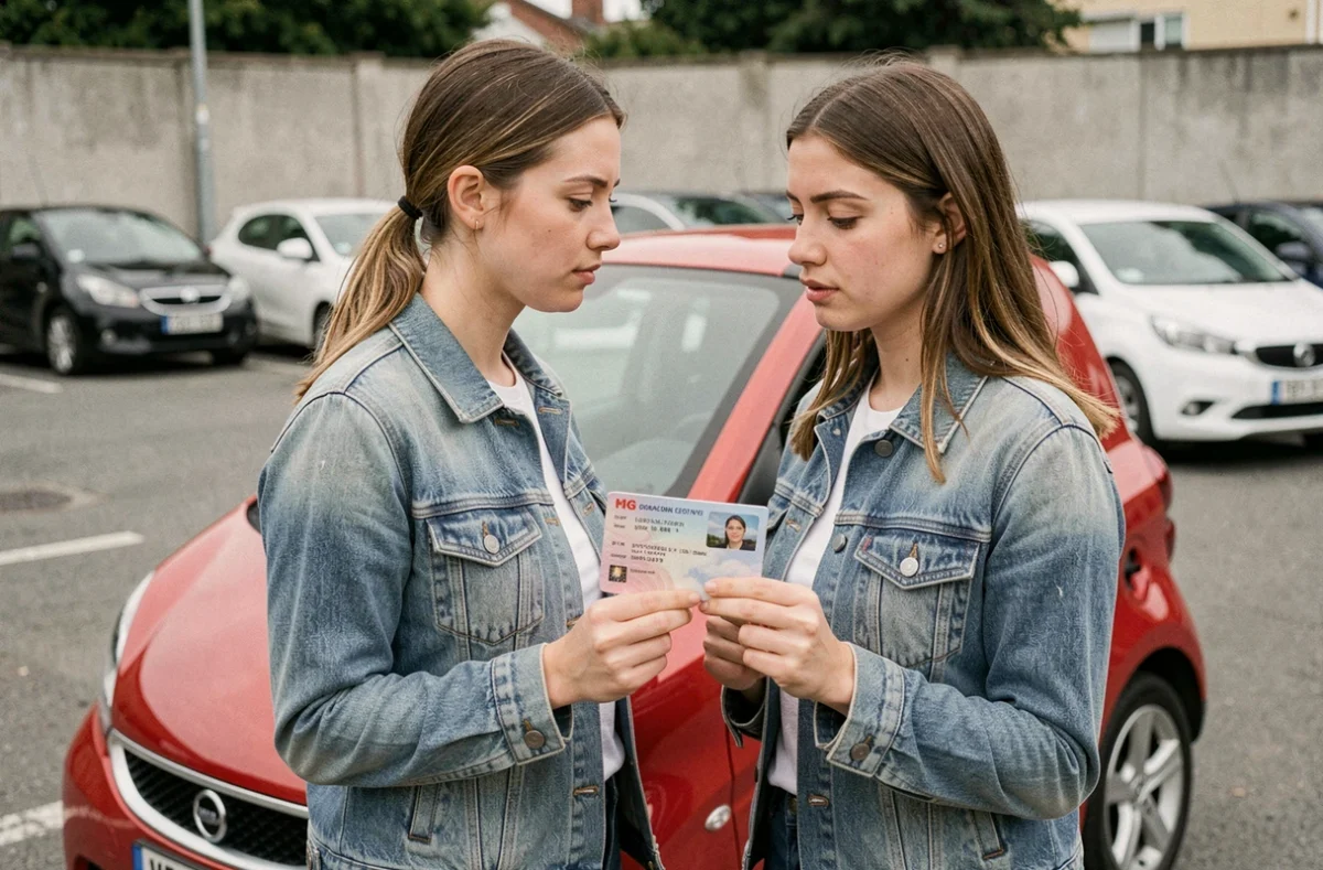 Jeune femme tenant un permis de conduire devant une Smart rouge, s'interrogeant sur les conditions légales de conduite
