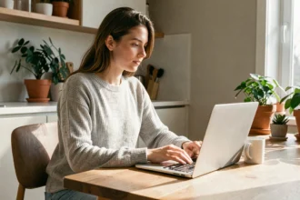 Jeune femme souscrivant une assurance scooter électrique en ligne depuis son appartement avec un ordinateur portable