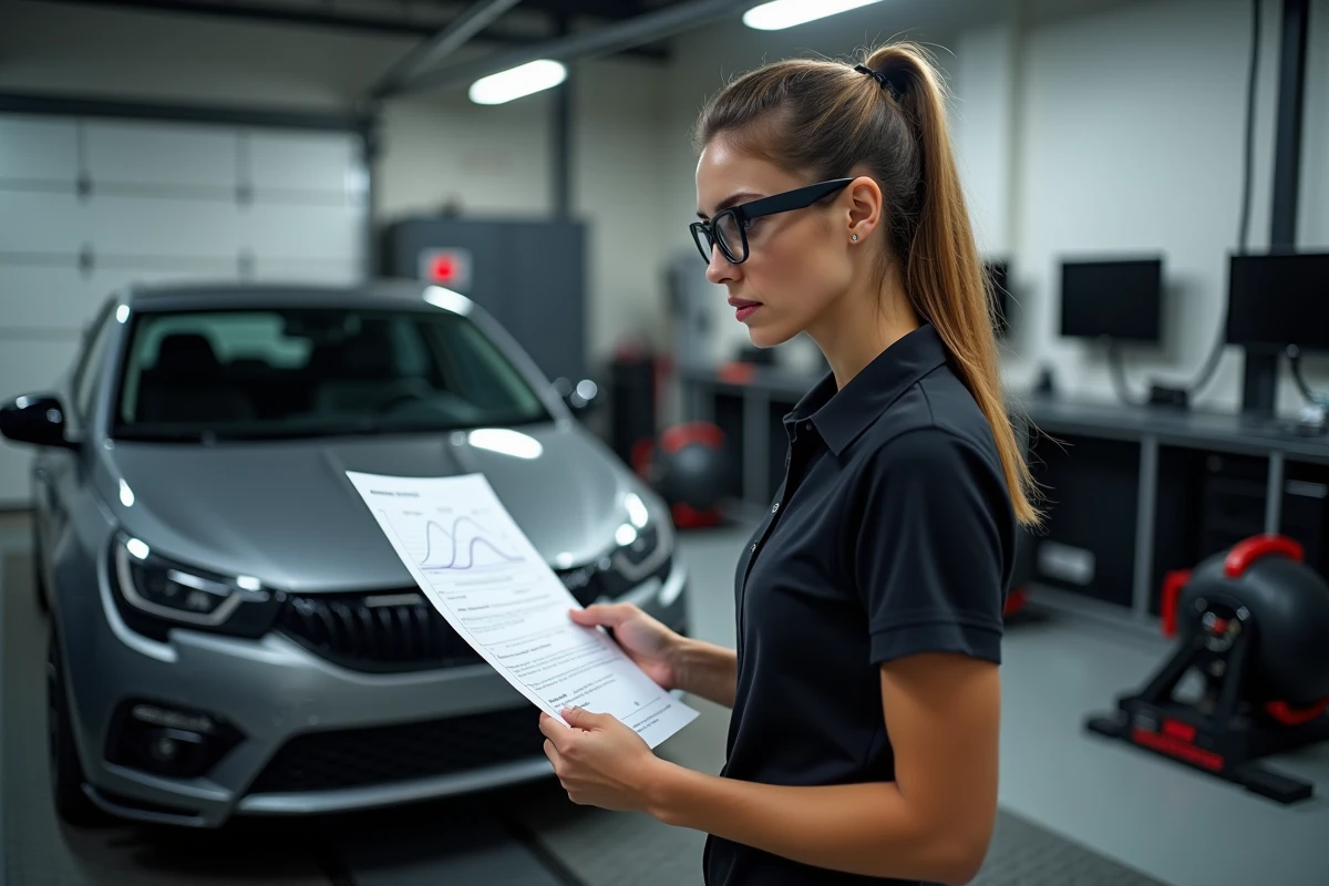 Spécialiste en reprogrammation automobile analysant une courbe de puissance sur banc de puissance dynamométrique
