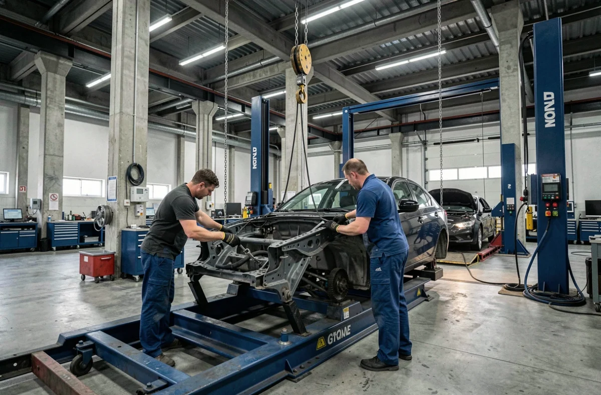 Deux techniciens travaillant sur un redressement de châssis à l'atelier SRM2P