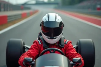 Pilote en combinaison de course au volant d'un circuit automobile lors d'un stage de pilotage