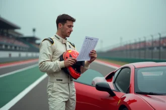Pilote en combinaison de course examinant le tarif d'un stage de pilotage sur circuit automobile