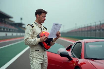 Pilote en combinaison de course examinant le tarif d'un stage de pilotage sur circuit automobile