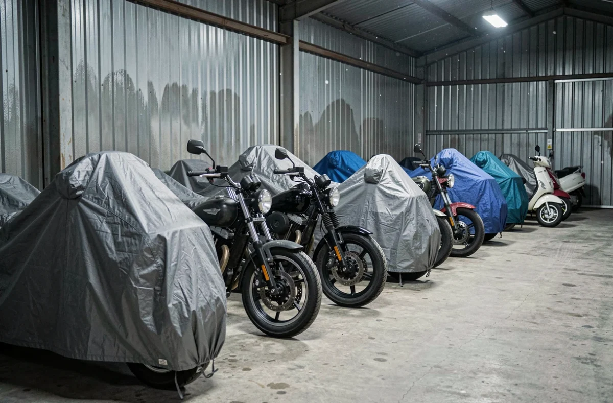 Rangée de motos hivernées sous des housses de protection dans un local de stockage pendant la période d'hivernage