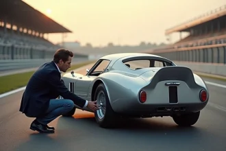 Supercar argentée au lever du soleil avec un homme curieux