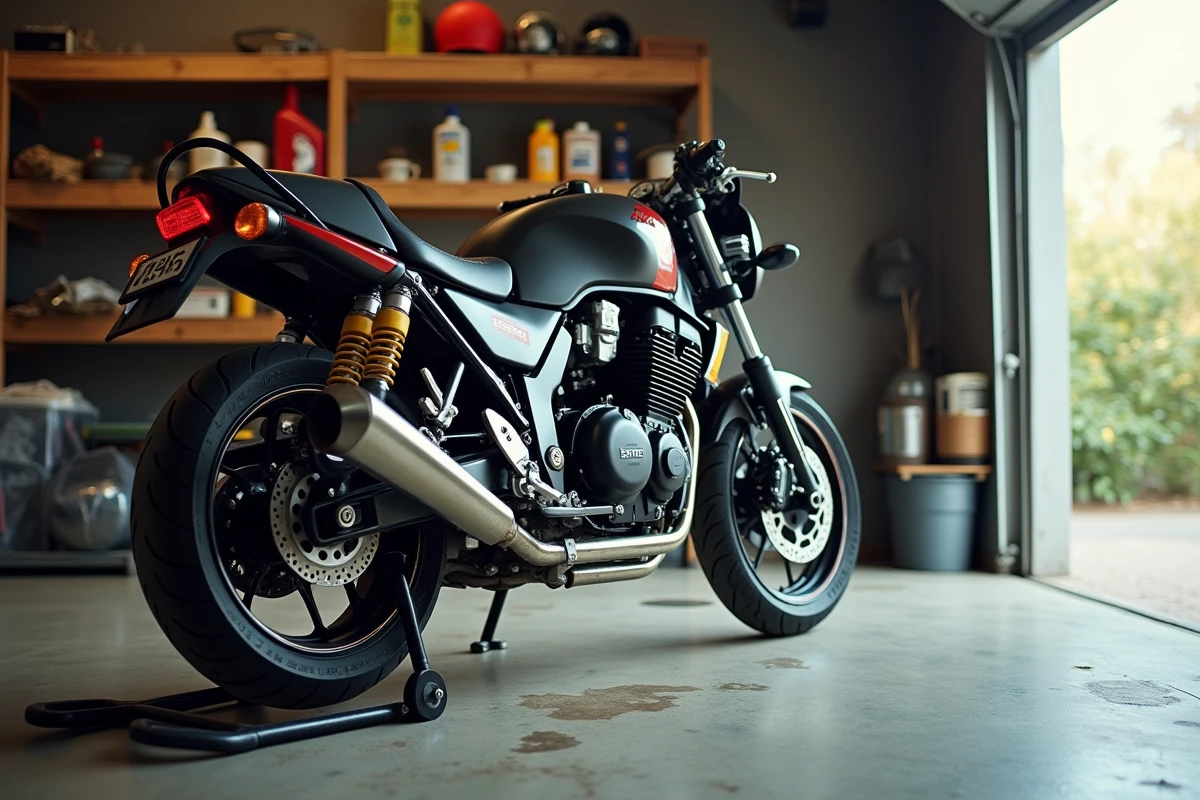 Suzuki 750 GT dans un garage résidentiel montrant les signes d'usure après plusieurs années d'usage quotidien