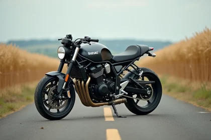 Suzuki 750 GT garée sur une route de campagne française après plusieurs années d'utilisation, vue trois quarts avant